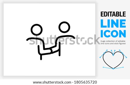 Editable stroke weight line icon of two stick figure people in an iconic style giving each other a handshake in a original simple view of the person greeting in a black eps vector graphic illustration