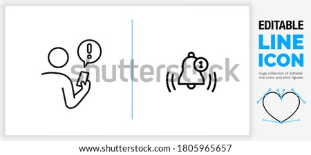 Editable black stroke weight line icon of a stick figure person holding his phone getting a notification alarm bel and exclamation mark in a speech bubble for receiving a new message from a app in eps