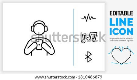 Editable black stroke weight line icon of a stick figure person holding his mobile phone wearing headphones to listen to a music band trough bluetooth on a media player from his device in eps vector 