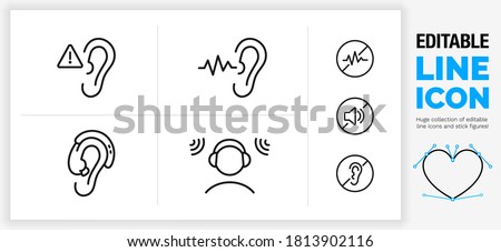 Editable black stroke weight line icon set of hearing damage or aid caused by loud volume defect in the ear with a warning sign, sound wave and noise canceling headphone for construction in eps vector
