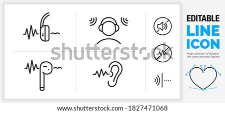 Editable black stroke weight line icon set of a active noise canceling over ear headphone and earplug with a sound wave going trough a stickman person in a loud room wearing a headset in eps vector