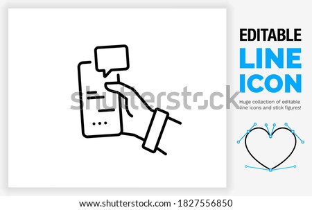 Editable black stroke weight line icon of a man holding his phone in a hand white texting with someone on a message app with the other person typing and sending a text with a speech bubble eps vector
