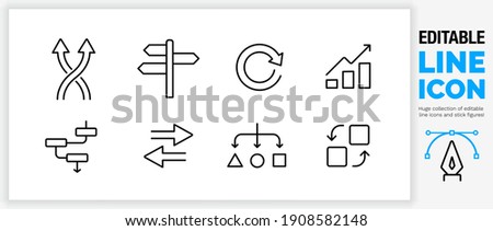 Editable line icon set in a black stroke weight about business direction and change of vision in a company making a choice about the way your strategy is leading as simple and clean outline vector eps