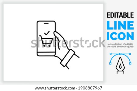 Editable line icon in a black stroke weight of a person holding his mobile phone with his hand buying online in a webshop or store with a discount product in a shopping basket in a eps vector outline