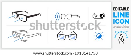 Editable line icon set in a black outline stroke weight and flat fill style about bluelight filter glasses to reflect harmful computer or mobile device  screen light shining in your eye in eps vector Stock foto © 