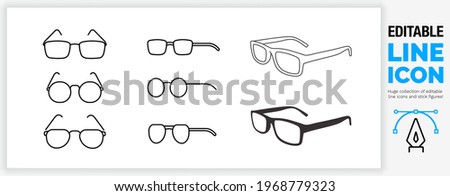 editable line icon set of different style glasses like square, round and pilot design from a different perspective with front, side and top view in a outline black stroke eps vector symbol graphic