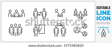Editable line outline character icon set. Team office working together on a project as a networking player. Professional corporate people talking and communicating together, black stroke eps vector 
