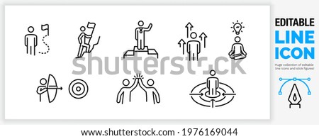 Editable line icon set of stick figure character in black outline illustration about people reaching their ambition and goal by achieving the next step in their career going up and doing it together