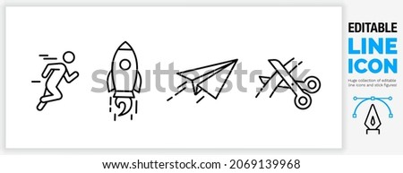 Editable line icon set in a black stroke vector design about a start up company launching fast with speed as a man sprinting, rocket flying and a paper plane symbol or cutting a ribbon or museum lint