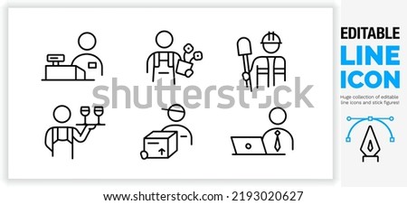 Editable line icon set in a black stroke simple light weight vector of people working a job field or occupation in different working class layers in society as small business owner on white background