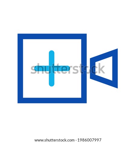 Two-color thin line video camera with plus sign vector icon illustration on a white background.  Royalty-free and fully editable.