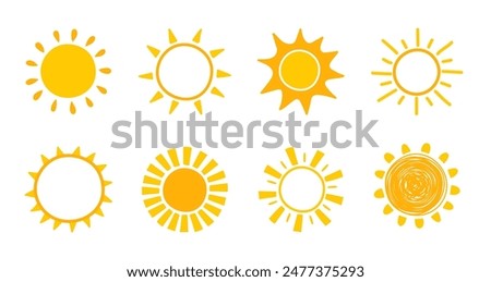 Cute cartoon sun icon set. Hand drawn summer elements. Vector illustration