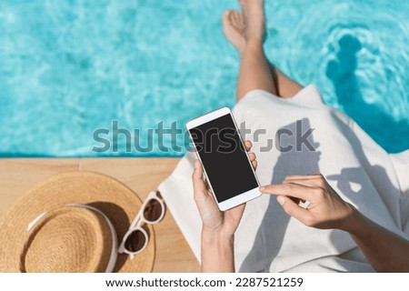 Image, Stock Photo Woman holding her hat wearing a bikini