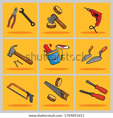 
flat design tools such as tools, saws, hammers, pliers, screwdrivers, hand drilling machines, axes, paints, cement spoons, screwdrivers, wrenches