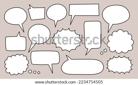 Set of speak bubble text, chatting box, message box outline cartoon vector design. Balloon doodle style of thinking sign
