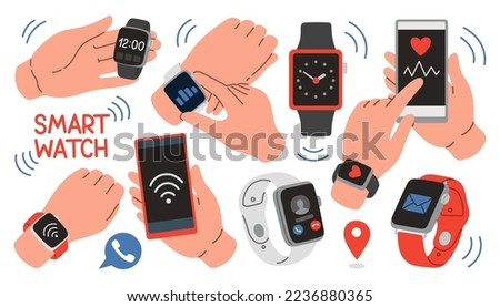 Smart watches vector set. Smart watch collection isolated on white background. Smart watch on hand
