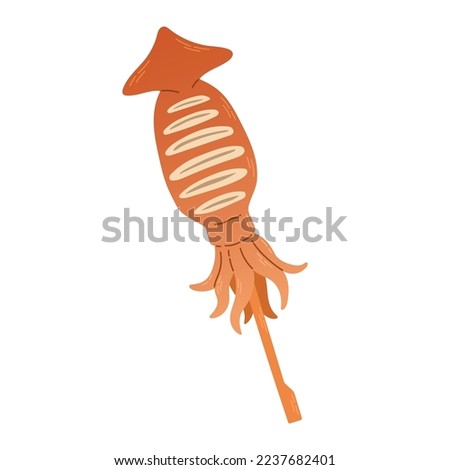 Grilled squid. Ikayaki Japanese street food. Vector for Japanese cafe, restaurant, bar