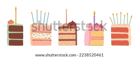 Cakes slices pieces with candles isolated on white. Set of cakes. Vector for postcards and stickers