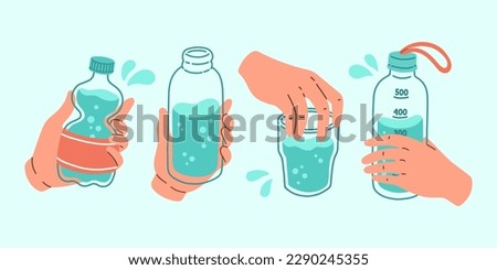 Drink more water set h2o vector illustration. Cartoon water bottles. Sports and glass bottle and glasses with liquids.