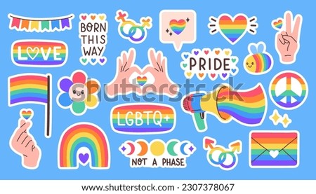 LGBT sticker pack on blue background. LGBTQ set. Symbol of the LGBT pride community. Rainbow elements.