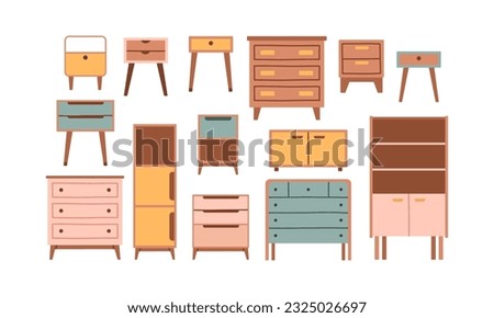 Chest of drawers, bedside table set. Vector commode. Furniture icon in flat design. 
