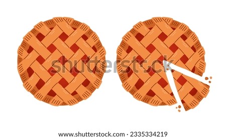 Pie top view. Cooked tasty round food pastry pie desserts exact vector illustrations