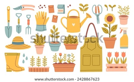 Gardening tools and flowers vector set in flat cartoon style. Rubber boots, seedling, tulips, gardening cutter, gloves