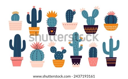 Cactus set. Desert spiny plant, mexico cacti flower and tropical home plants or arizona summer climate garden cactuses.