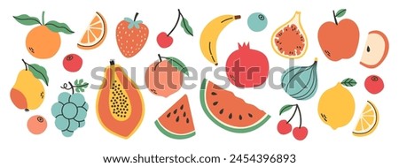 Set of different fruits and berries. Collection of organic vitamins and healthy nutrition. Watermelon, banana, peach