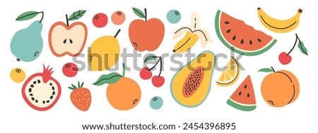 Set of different fruits and berries. Collection of organic vitamins and healthy nutrition. Watermelon, banana, peach