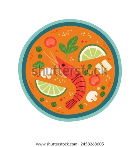 Tom Yum soup top view. Flat Thai Tom Yum Goong or Khung sour and spicy soup Traditional asian dish. Thai Food Vector