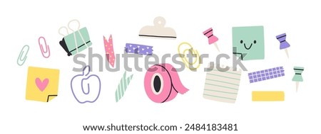 Flat stationery set. Note sheet, sticker and duct tape, push pin, paper clip. Template card for printable kids organizer