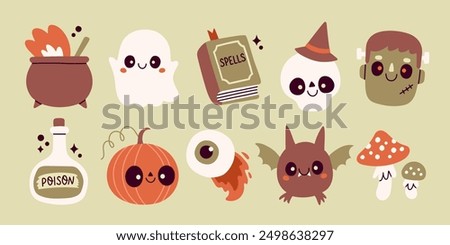 Cute Halloween element set. Ghost, skeleton, bat, pumpkin. For scrapbooking, greeting card, party invitation, poster