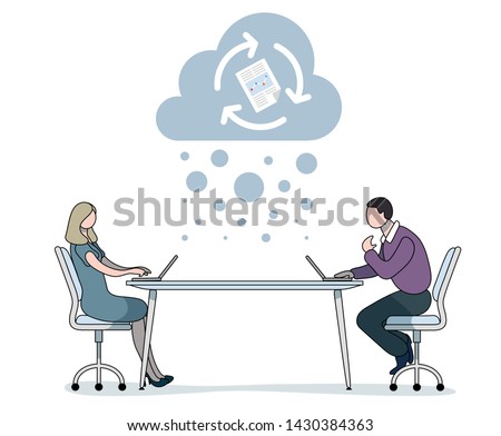 Business people typing at laptops and collaborating on a document in the cloud. Vector illustration. Flat colour. Document synching. Office 365. 