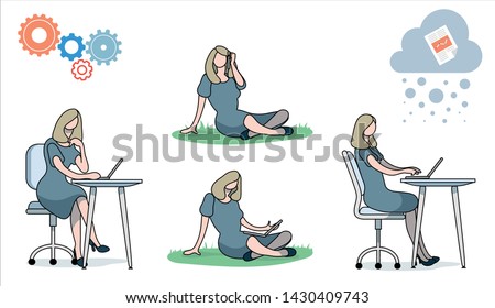 Business woman sitting collaborating on a document in the cloud. Vector illustration. Flat colour. Document synching. Office 365. Character. Real time working. Office worker. Working in the cloud.