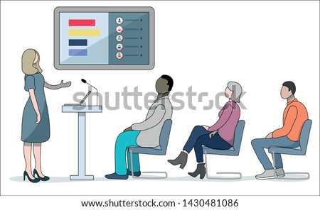 Business woman presenting to a meeting or conference with attendees joining remotely. Microsoft teams.