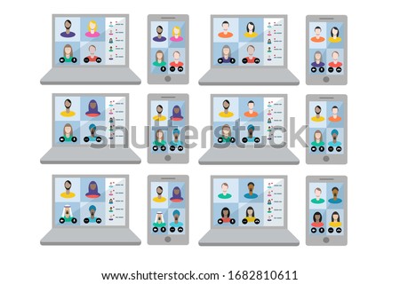 Multi ethnic Teams remote working together via a video call. Joining the meeting by laptop and mobile phone.