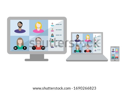 Video conference Teams call with remote workers joining a virtual business meeting across multiple devices. People group on screen.
