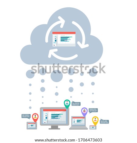 Cloud storage flat vector icon. Remote collaboration concept. Business team syncing their comments on a central PowerPoint slide deck. 