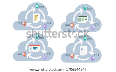 Remote workers collaborating in the cloud. Flat vector icon. Team productivity concept. Business documents syncing across locations. Office 365 real time collaboration.