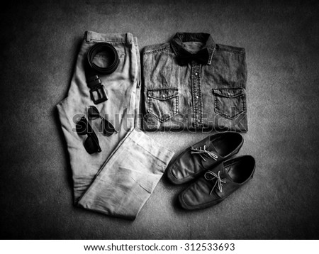 Men's casual outfits, jean shirt with bow tie, brown pants, sunglasses and shoes, black and white