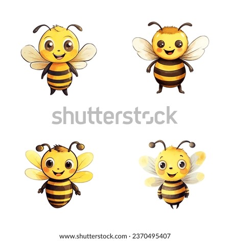 set of cute bee watercolor illustrations for printing on baby clothes, sticker, postcards, baby showers, games and books, safari jungle animals vector