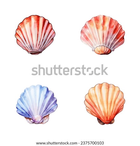 set of happy cute seashell watercolor illustrations for printing on baby clothes, pattern, sticker, postcards, print, fabric, and books