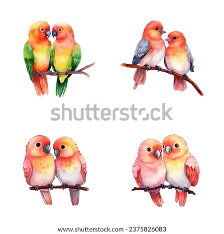 set of happy cute lovebird watercolor illustrations for printing on baby clothes, pattern, sticker, postcards, print, fabric, and books