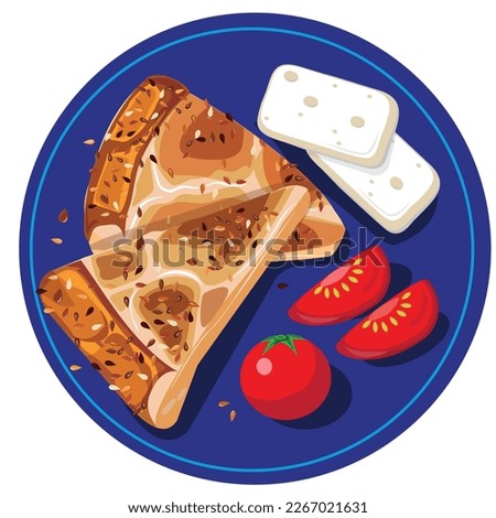 a wonderful turkish breakfast plate.crispy bread tomatoes and cheese.a delicious meal.a special meal for the month of Ramadan.vector