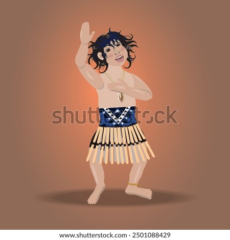 A cartoon character of Maori boy performing haka with his hand up, New Zealand warrior's dance