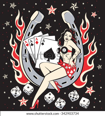 Lady Luck pinup lady sitting in a horseshoe with lucky rockabilly flames and dice and a black night sky background with stars.