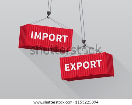 Port crane lift two red cargo containers with import and export words.