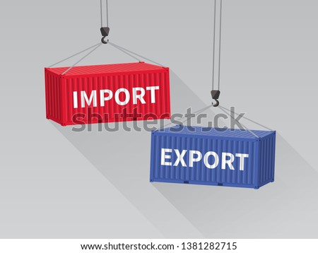 Port crane lift two cargo containers with import and export words from top view. 