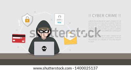 Hacker with laptop computer stealing confidential data, personal information and credit card detail. Hacking concept.